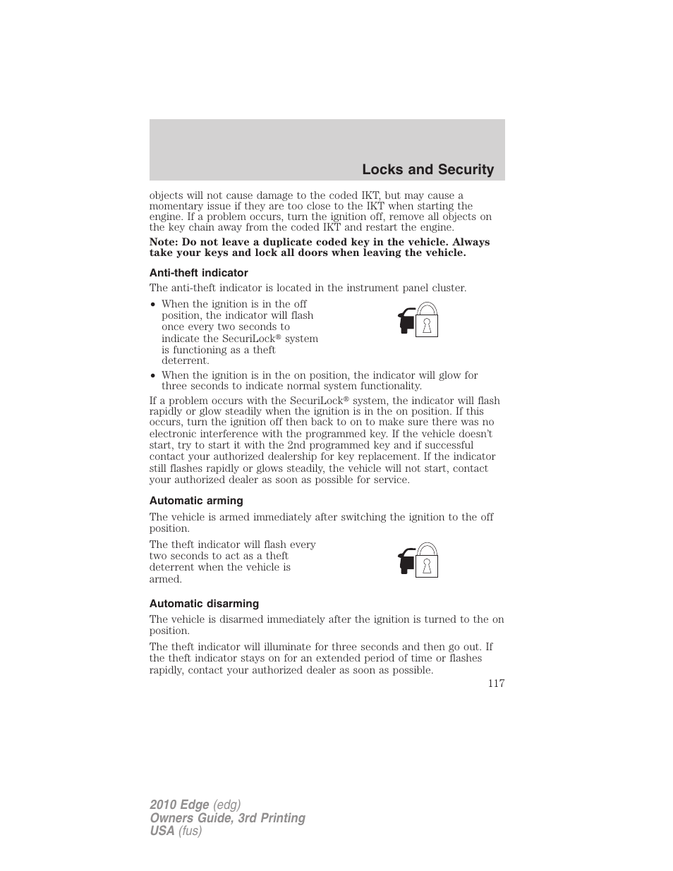 Anti-theft indicator, Automatic arming, Automatic disarming | Locks and security | FORD 2010 Edge v.3 User Manual | Page 117 / 326