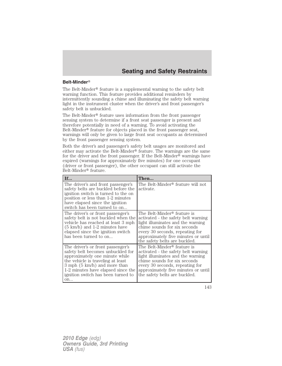 Belt-minder, Seating and safety restraints | FORD 2010 Edge v.3 User Manual | Page 143 / 326