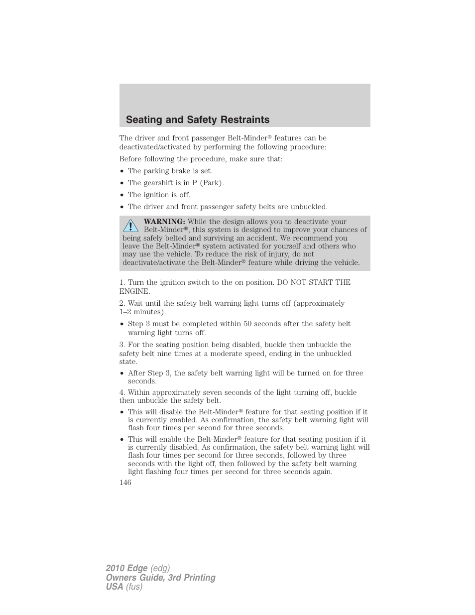 Seating and safety restraints | FORD 2010 Edge v.3 User Manual | Page 146 / 326