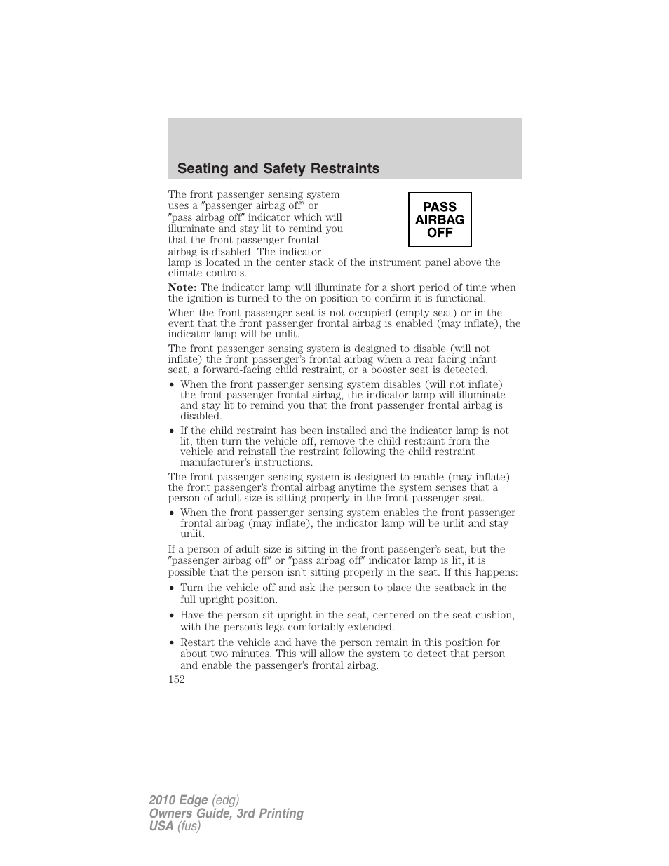 Seating and safety restraints | FORD 2010 Edge v.3 User Manual | Page 152 / 326