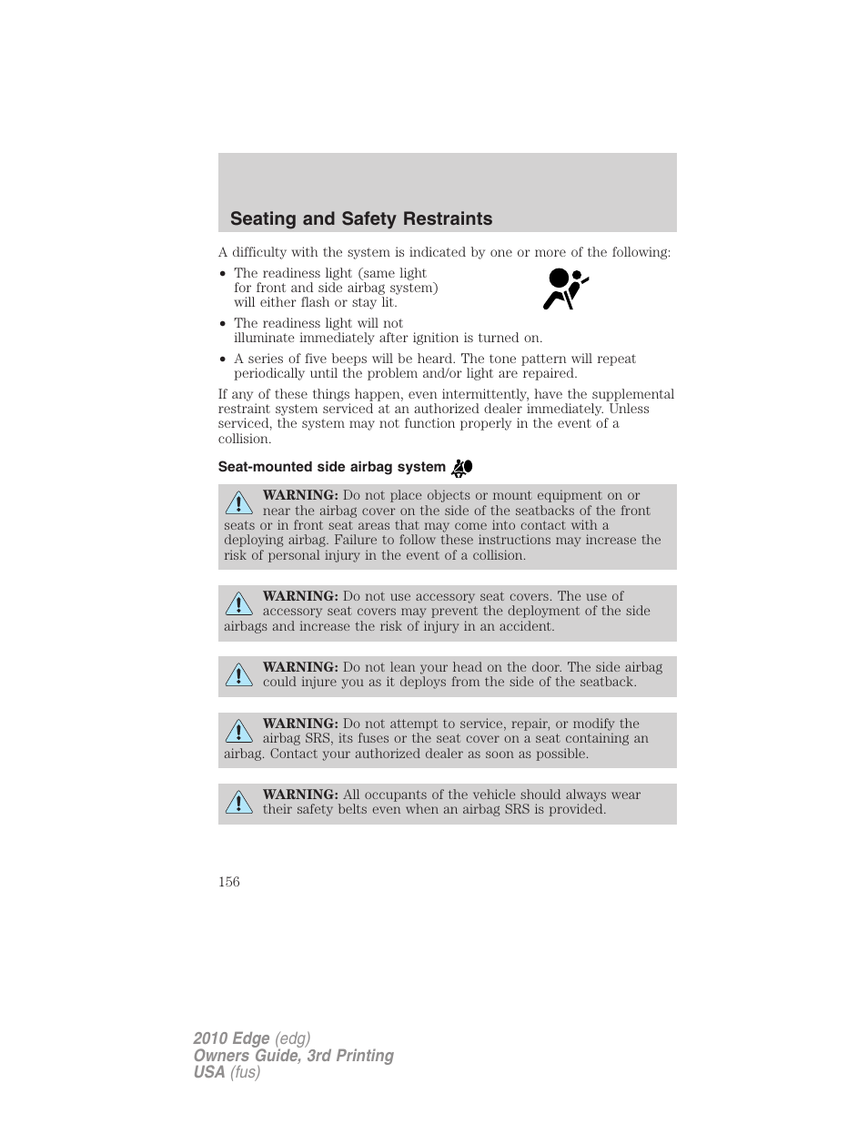 Seat-mounted side airbag system, Seating and safety restraints | FORD 2010 Edge v.3 User Manual | Page 156 / 326