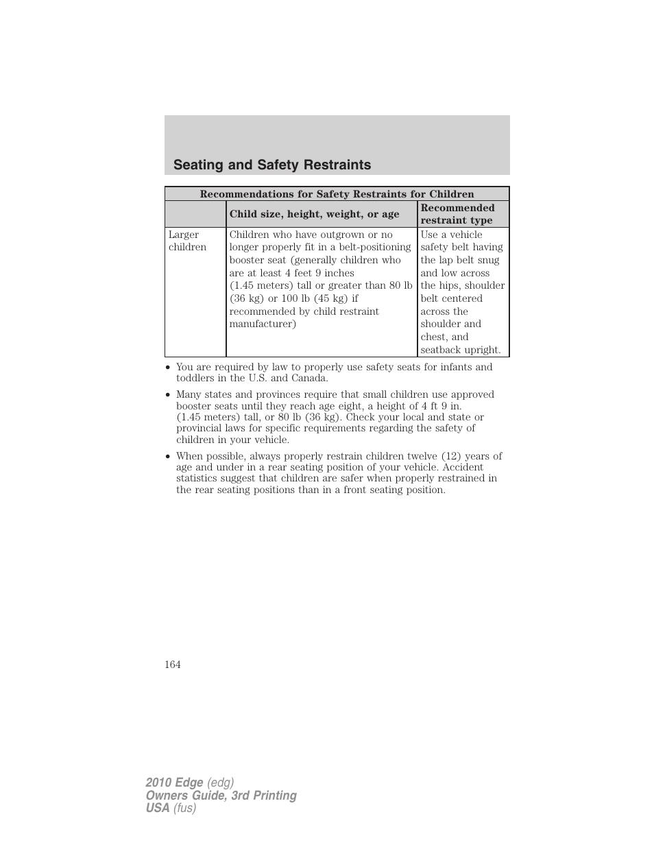 Seating and safety restraints | FORD 2010 Edge v.3 User Manual | Page 164 / 326