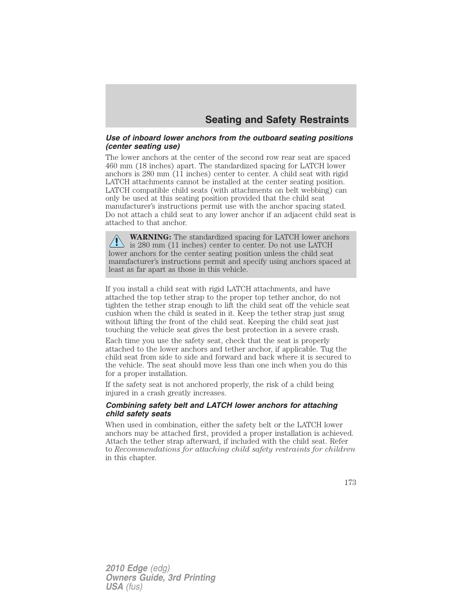 Seating and safety restraints | FORD 2010 Edge v.3 User Manual | Page 173 / 326