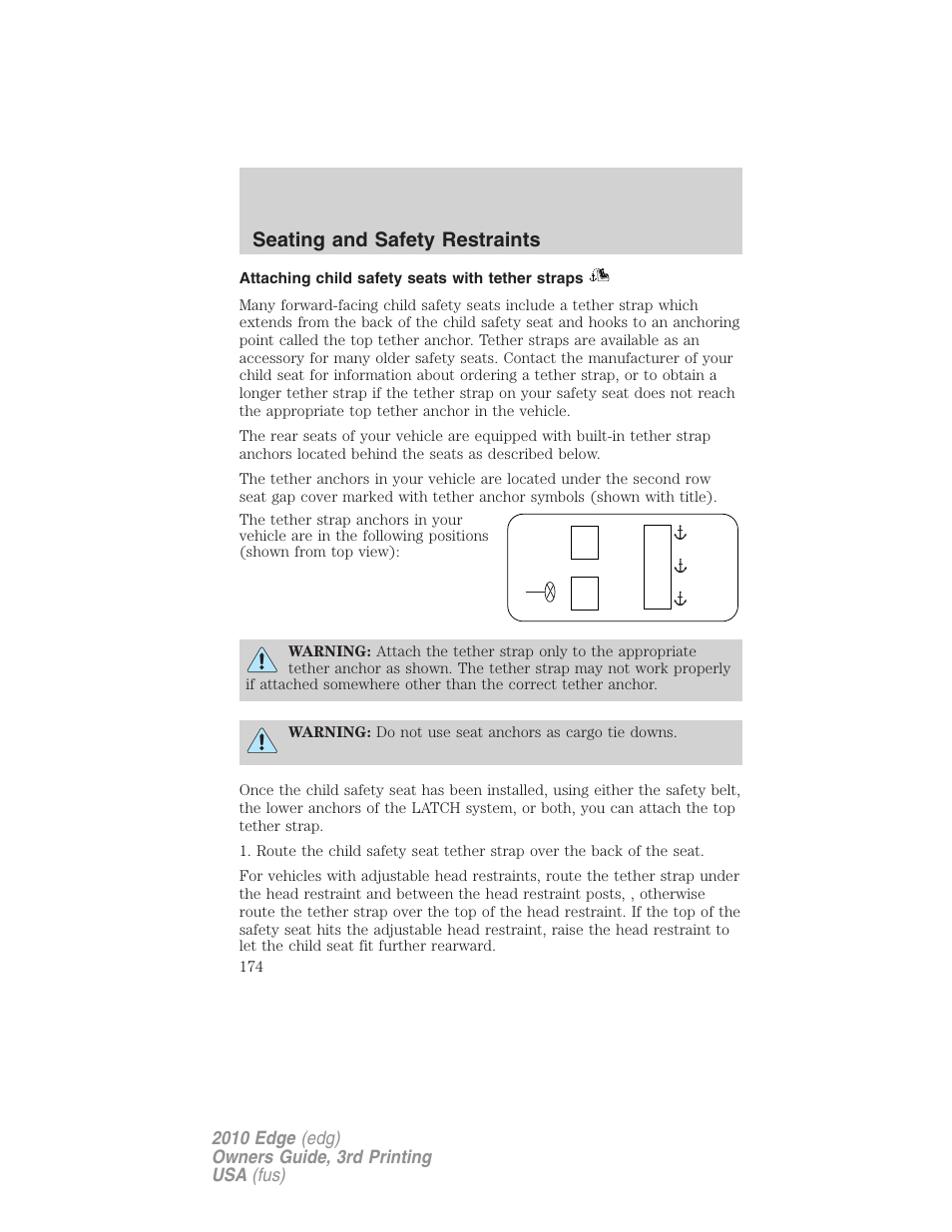 Attaching child safety seats with tether straps, Seating and safety restraints | FORD 2010 Edge v.3 User Manual | Page 174 / 326