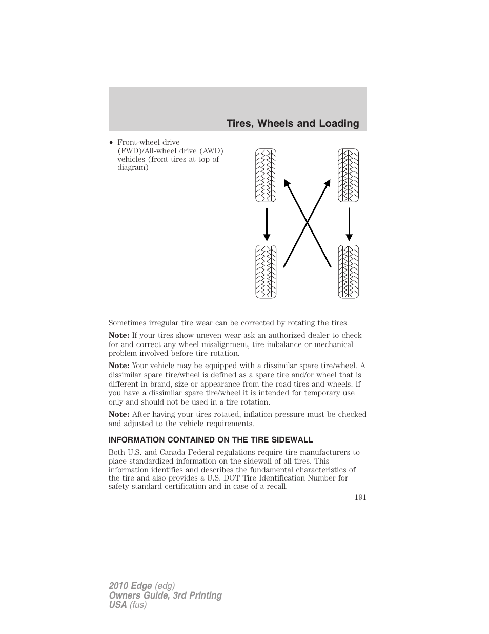 Information contained on the tire sidewall, Tires, wheels and loading | FORD 2010 Edge v.3 User Manual | Page 191 / 326