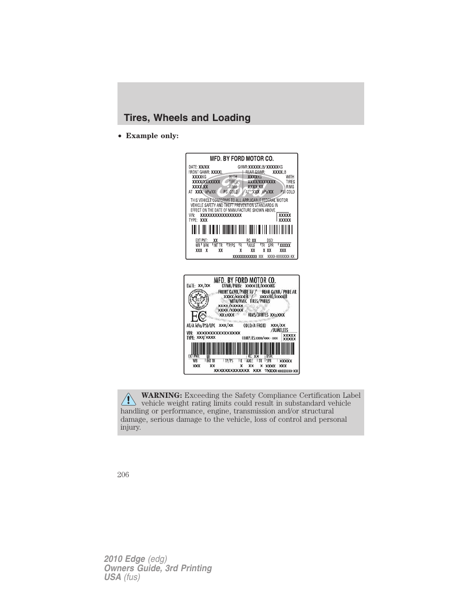 Tires, wheels and loading | FORD 2010 Edge v.3 User Manual | Page 206 / 326