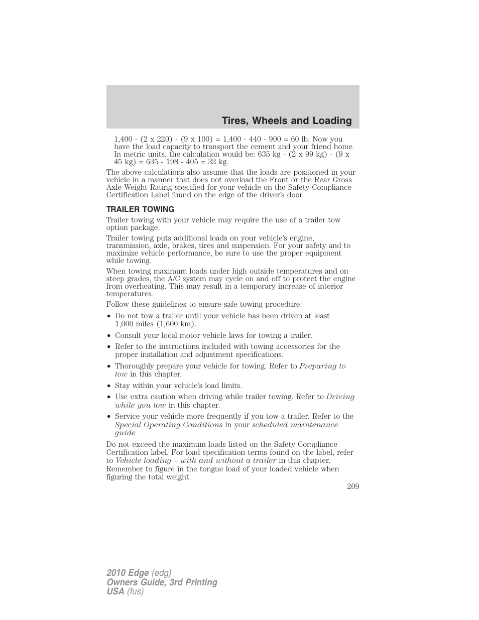 Trailer towing, Tires, wheels and loading | FORD 2010 Edge v.3 User Manual | Page 209 / 326