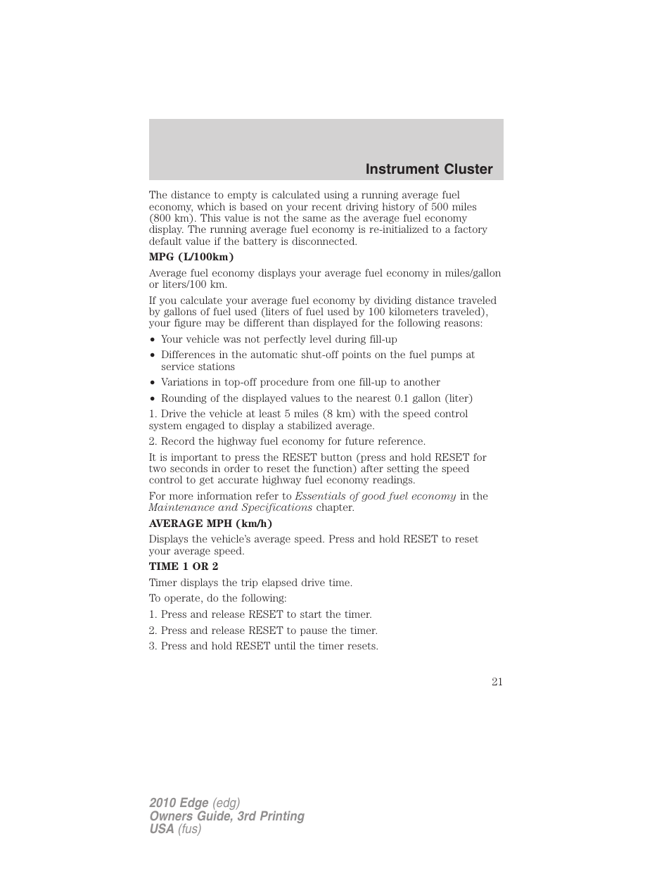 Instrument cluster | FORD 2010 Edge v.3 User Manual | Page 21 / 326