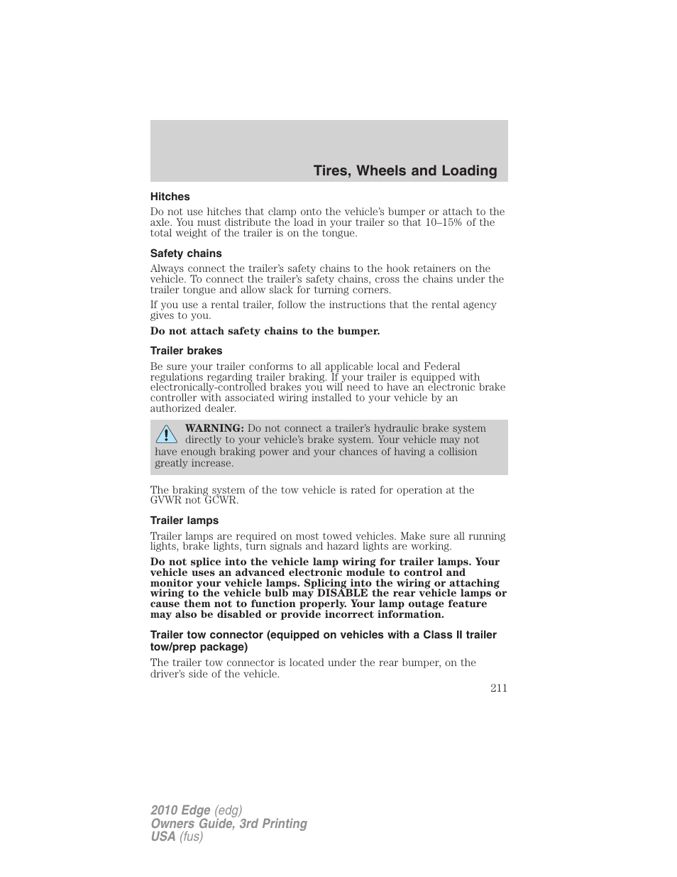 Hitches, Safety chains, Trailer brakes | Trailer lamps, Tires, wheels and loading | FORD 2010 Edge v.3 User Manual | Page 211 / 326