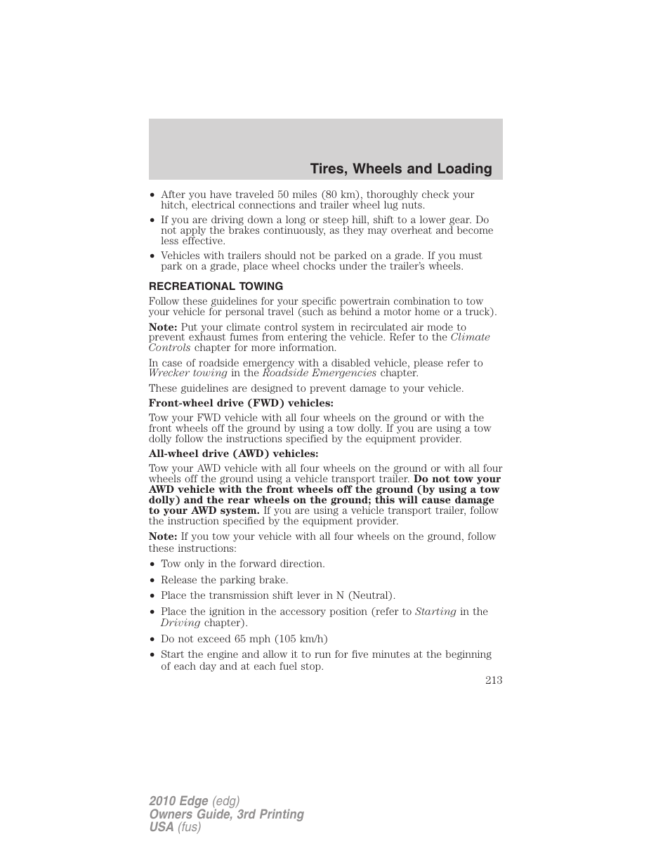 Recreational towing, Tires, wheels and loading | FORD 2010 Edge v.3 User Manual | Page 213 / 326