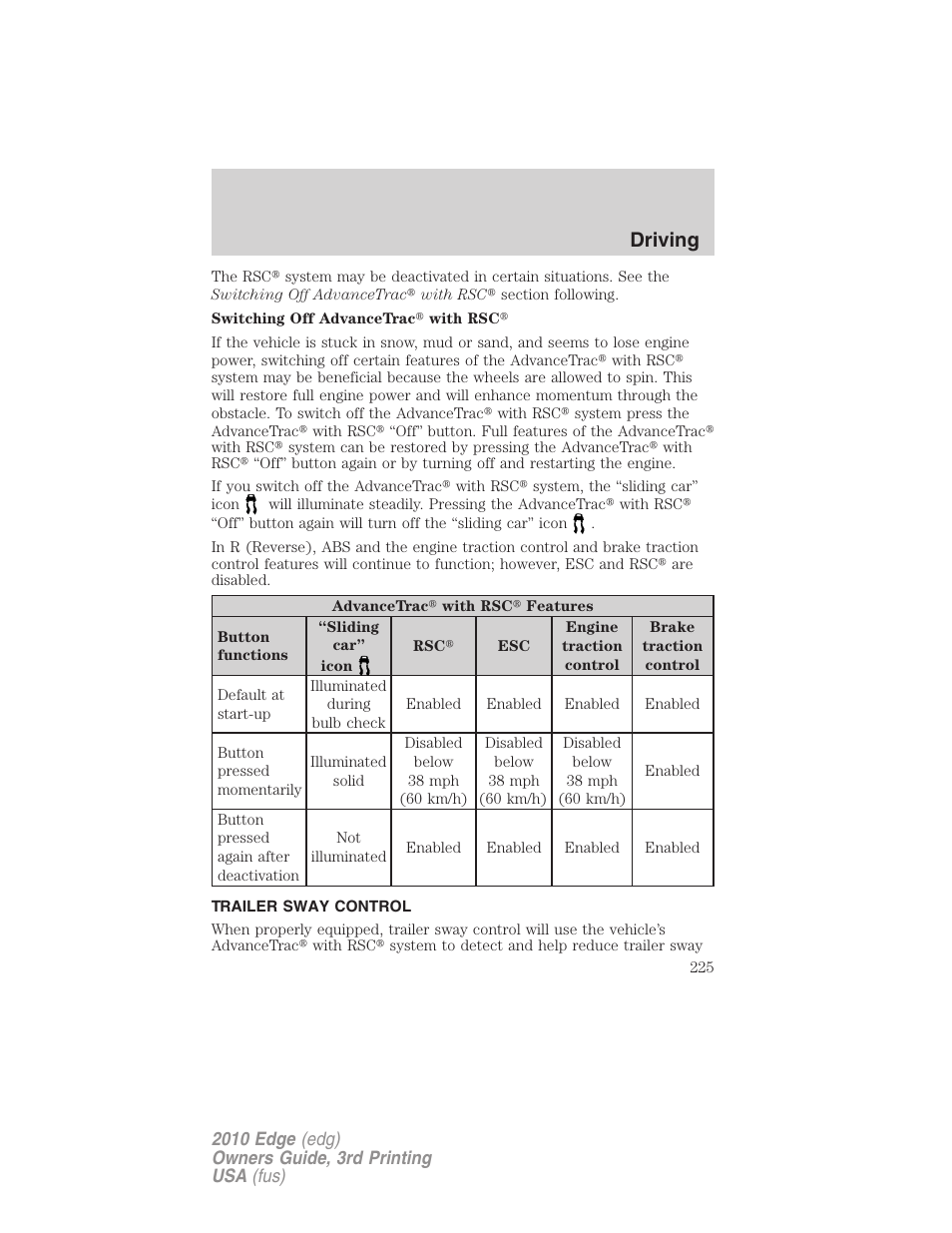 Trailer sway control, Driving | FORD 2010 Edge v.3 User Manual | Page 225 / 326