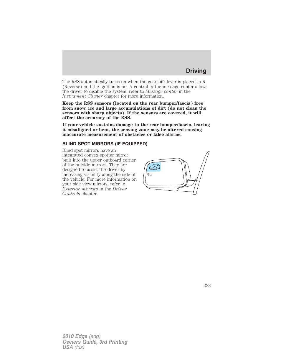Blind spot mirrors (if equipped), Driving | FORD 2010 Edge v.3 User Manual | Page 233 / 326