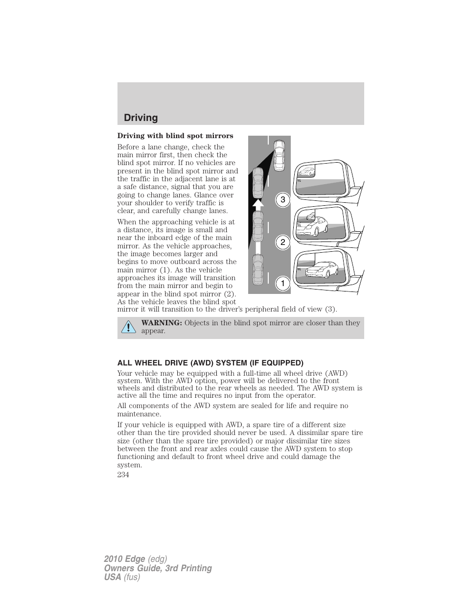 All wheel drive (awd) system (if equipped), Driving | FORD 2010 Edge v.3 User Manual | Page 234 / 326