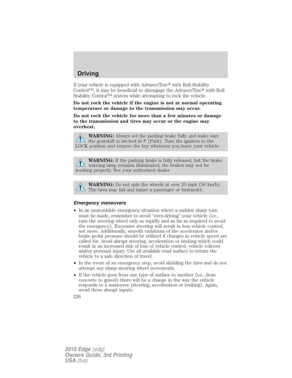 Emergency maneuvers, Driving | FORD 2010 Edge v.3 User Manual | Page 236 / 326