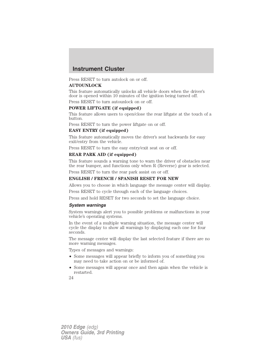 System warnings, Instrument cluster | FORD 2010 Edge v.3 User Manual | Page 24 / 326