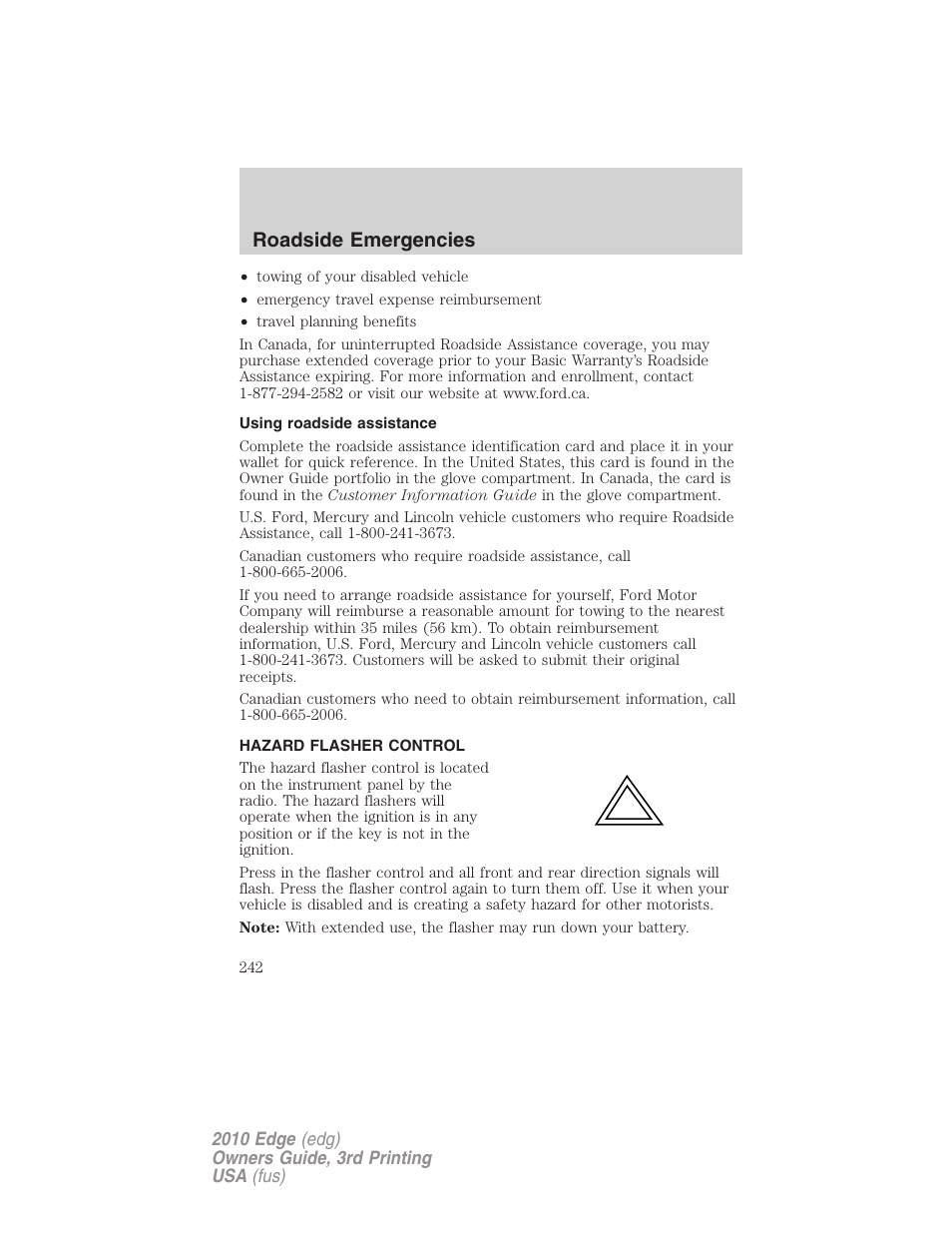 Using roadside assistance, Hazard flasher control, Roadside emergencies | FORD 2010 Edge v.3 User Manual | Page 242 / 326