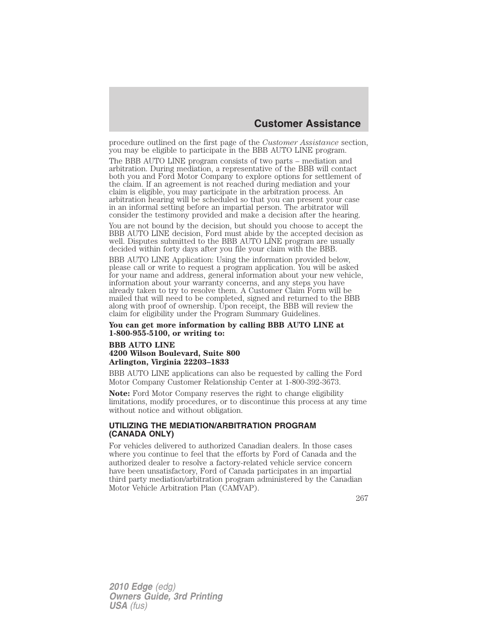 Customer assistance | FORD 2010 Edge v.3 User Manual | Page 267 / 326