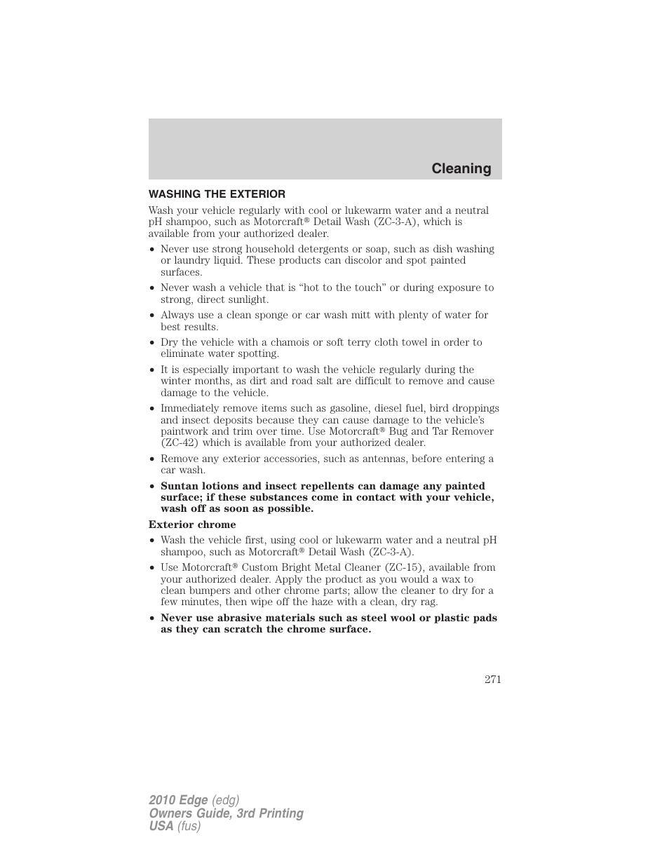 Cleaning, Washing the exterior | FORD 2010 Edge v.3 User Manual | Page 271 / 326