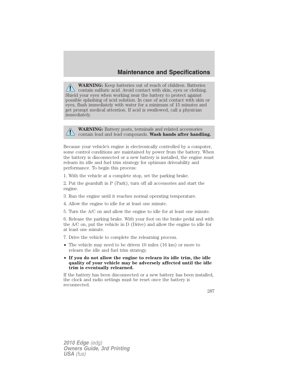 Maintenance and specifications | FORD 2010 Edge v.3 User Manual | Page 287 / 326