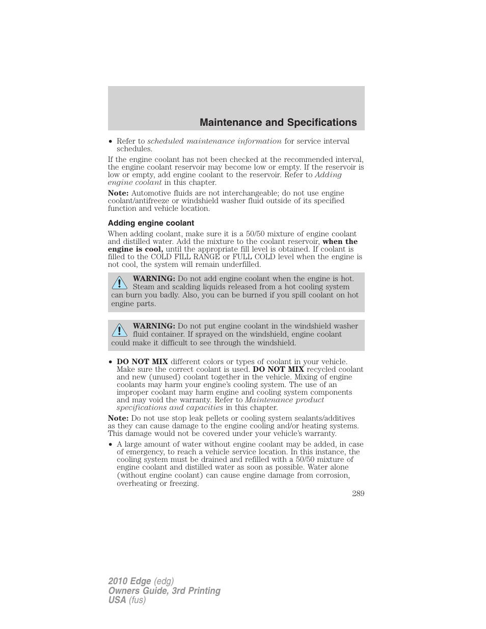 Adding engine coolant, Maintenance and specifications | FORD 2010 Edge v.3 User Manual | Page 289 / 326