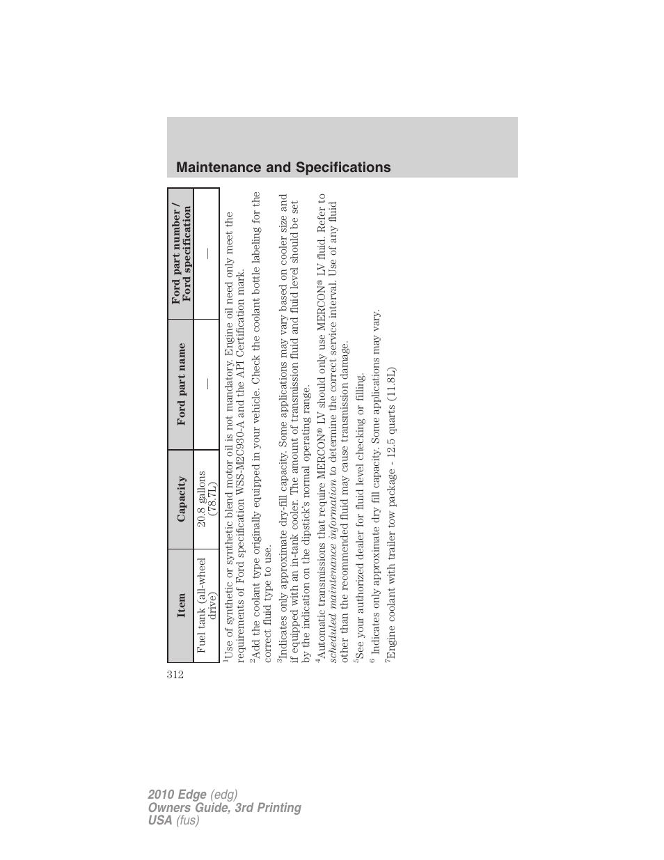 Maintenance and specifications | FORD 2010 Edge v.3 User Manual | Page 312 / 326