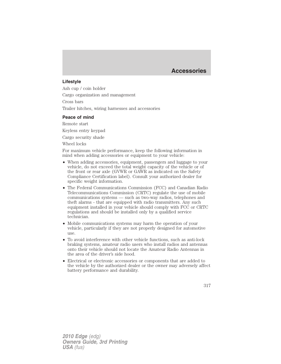 Lifestyle, Peace of mind, Accessories | FORD 2010 Edge v.3 User Manual | Page 317 / 326