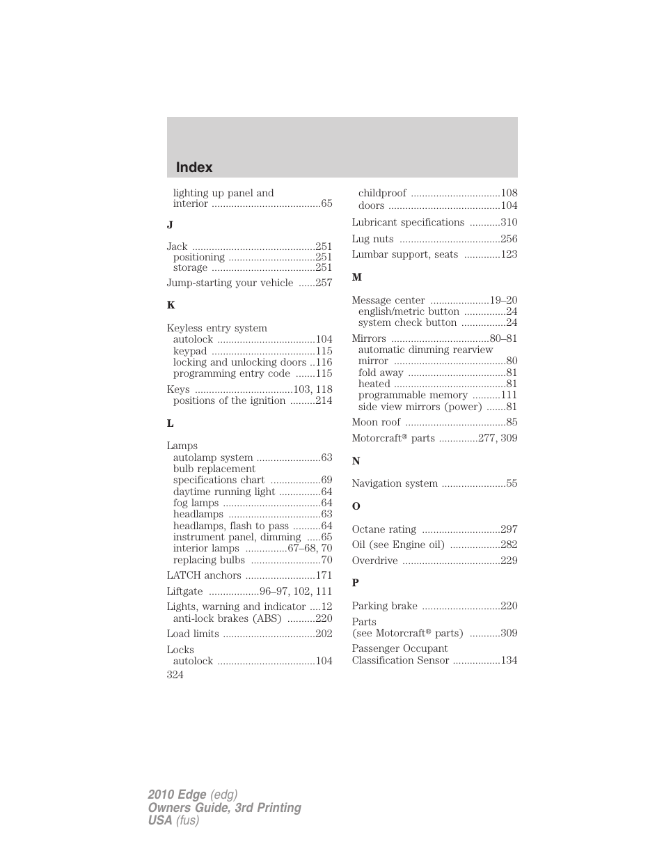 Index | FORD 2010 Edge v.3 User Manual | Page 324 / 326