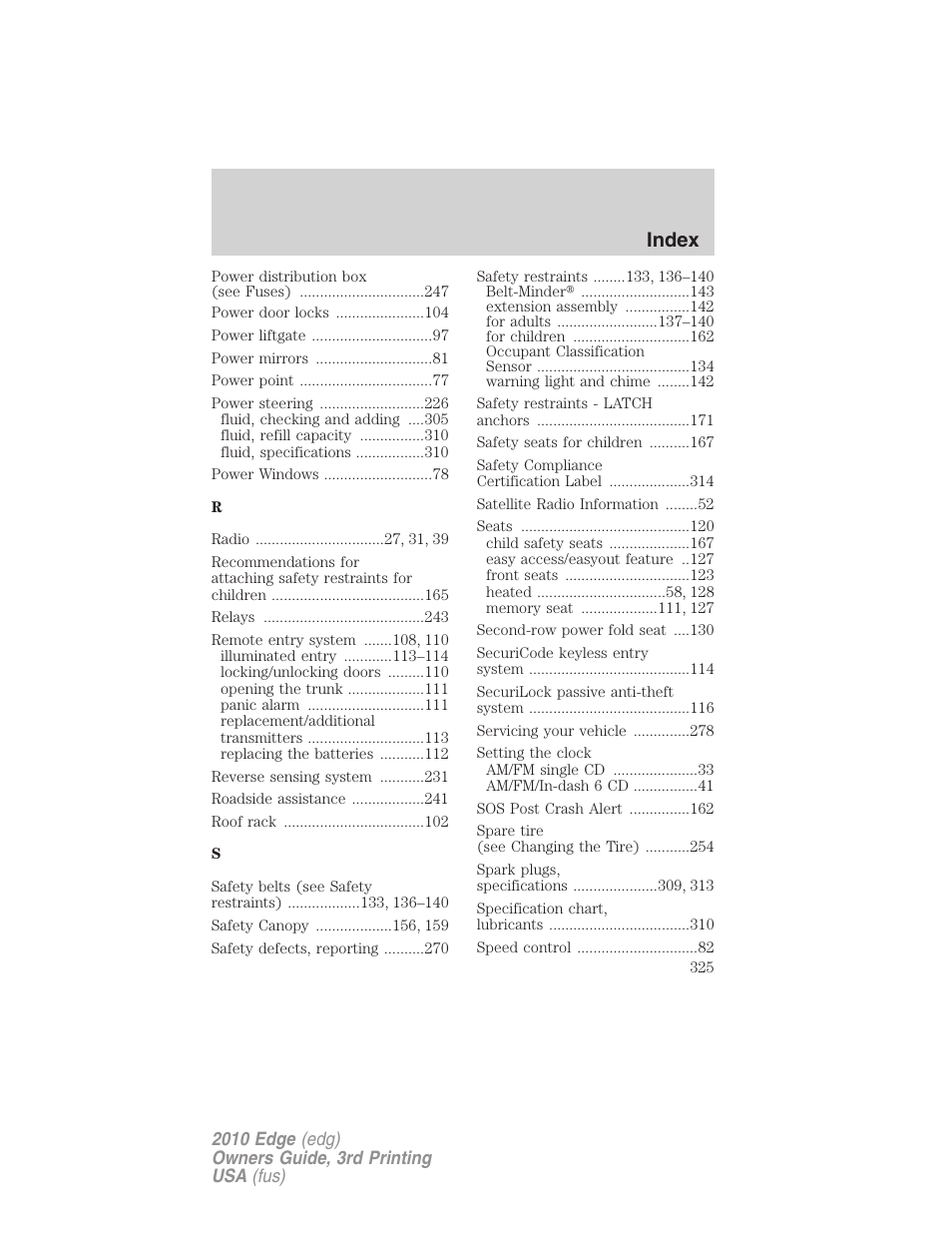 Index | FORD 2010 Edge v.3 User Manual | Page 325 / 326