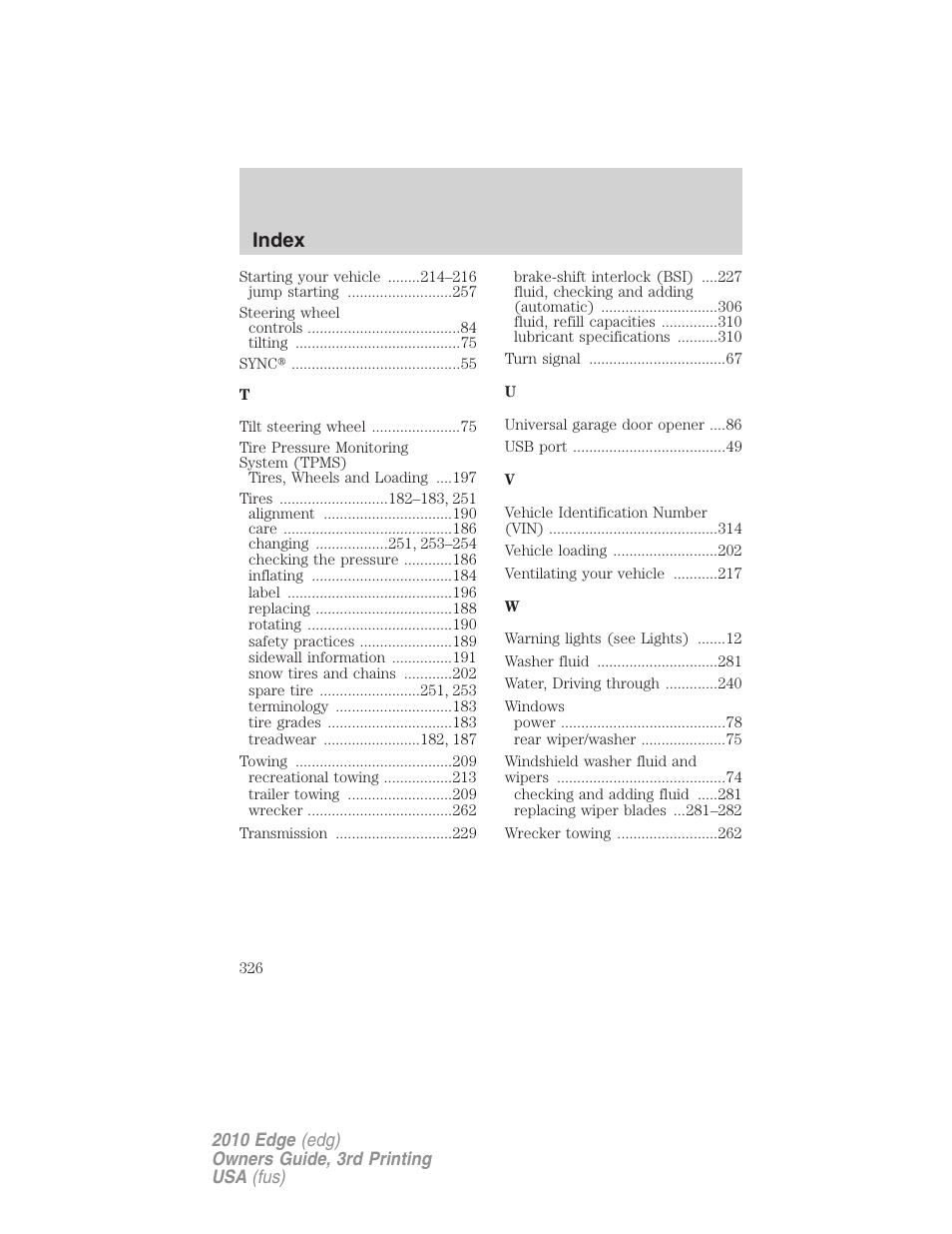 Index | FORD 2010 Edge v.3 User Manual | Page 326 / 326