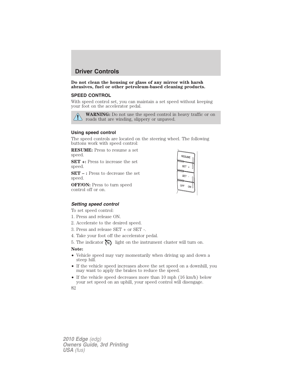 Speed control, Using speed control, Setting speed control | Driver controls | FORD 2010 Edge v.3 User Manual | Page 82 / 326