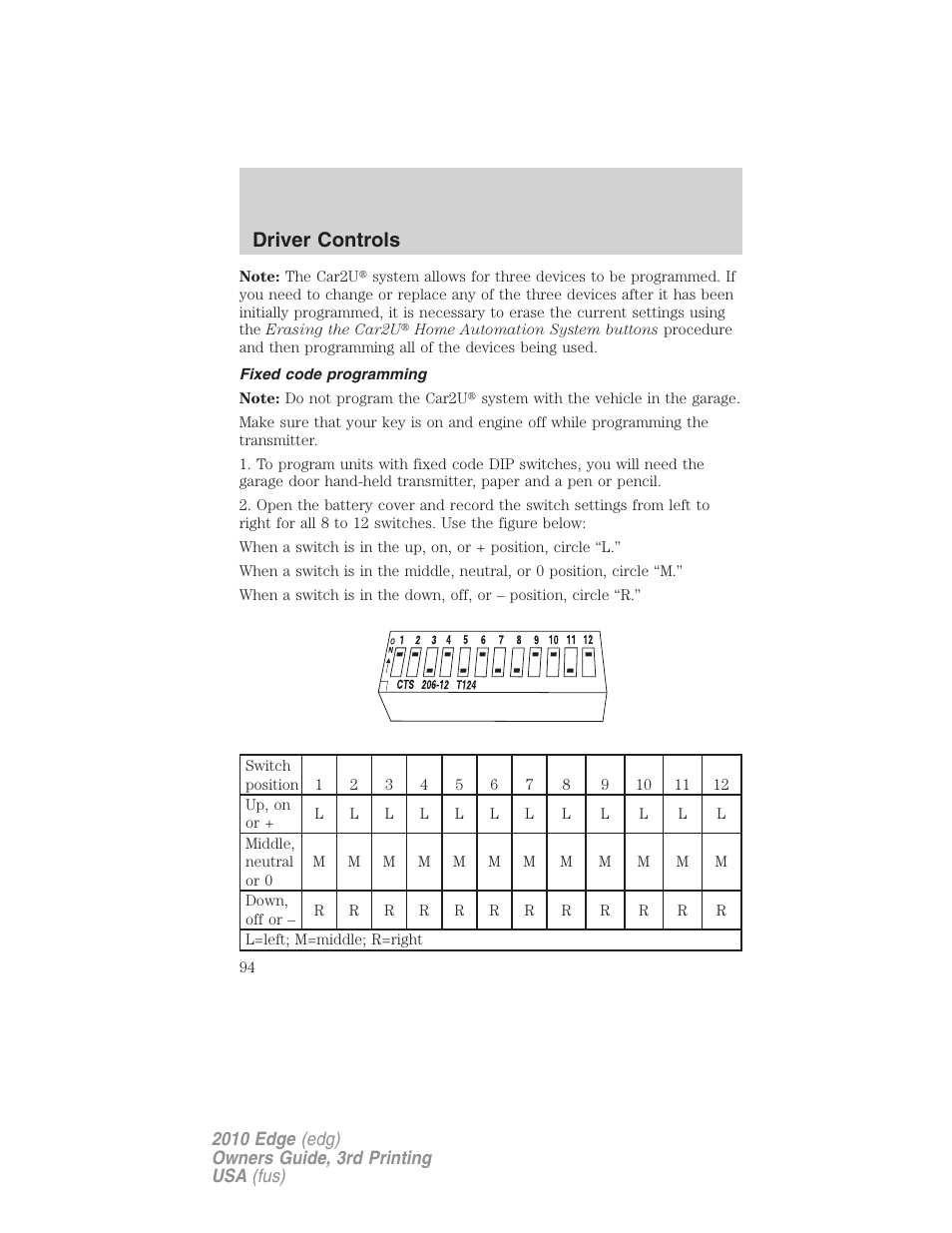 Fixed code programming, Driver controls | FORD 2010 Edge v.3 User Manual | Page 94 / 326