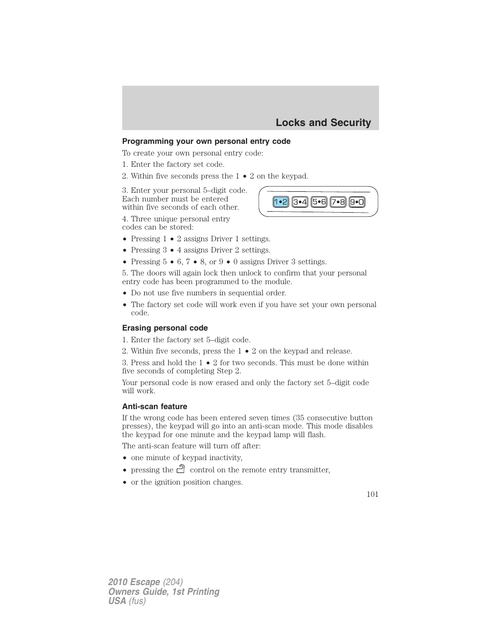 Programming your own personal entry code, Erasing personal code, Anti-scan feature | Locks and security | FORD 2010 Escape v.1 User Manual | Page 101 / 345