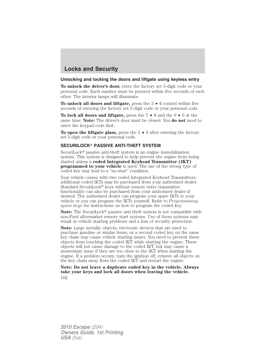 Securilock passive anti-theft system, Anti-theft system, Locks and security | FORD 2010 Escape v.1 User Manual | Page 102 / 345