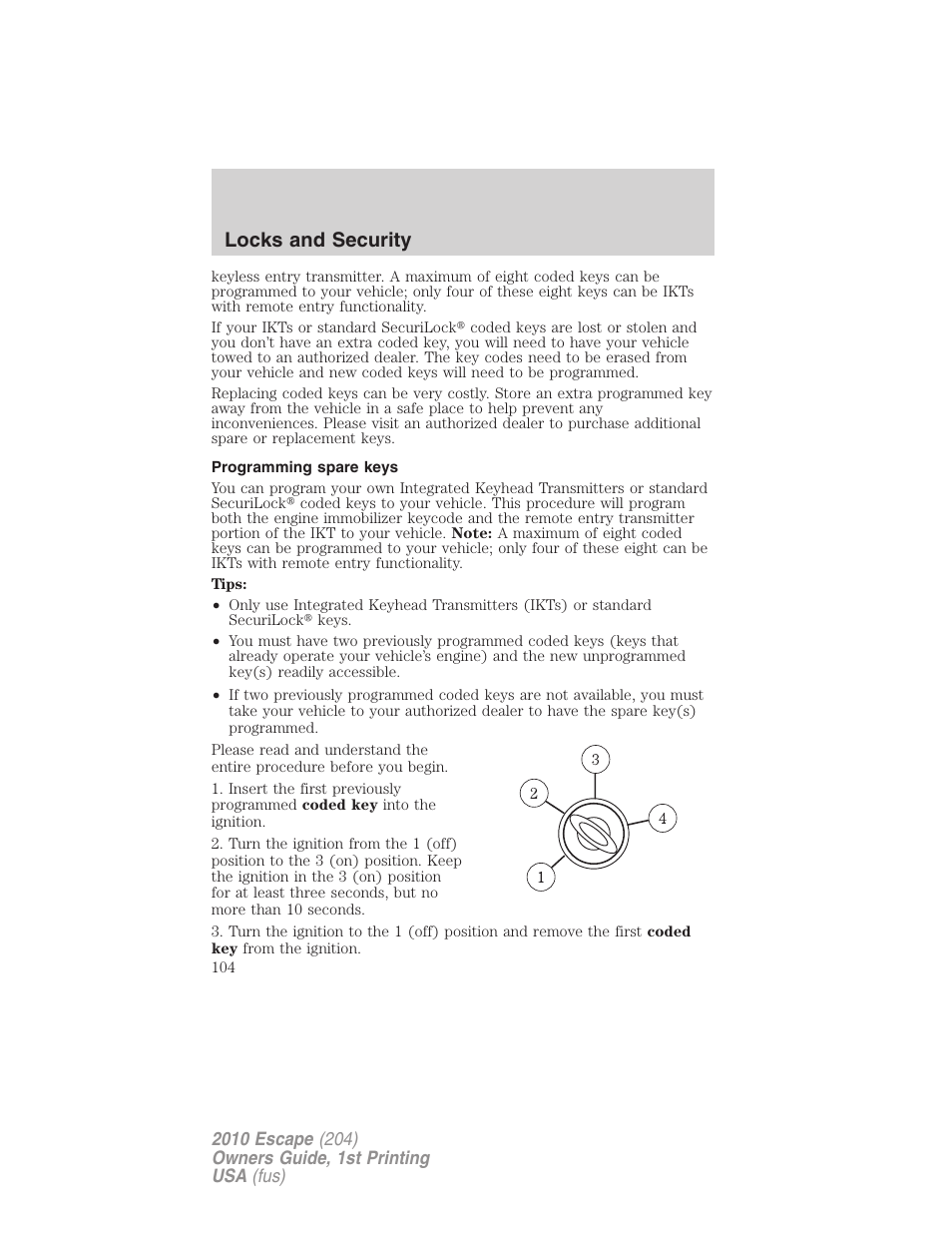Programming spare keys, Locks and security | FORD 2010 Escape v.1 User Manual | Page 104 / 345