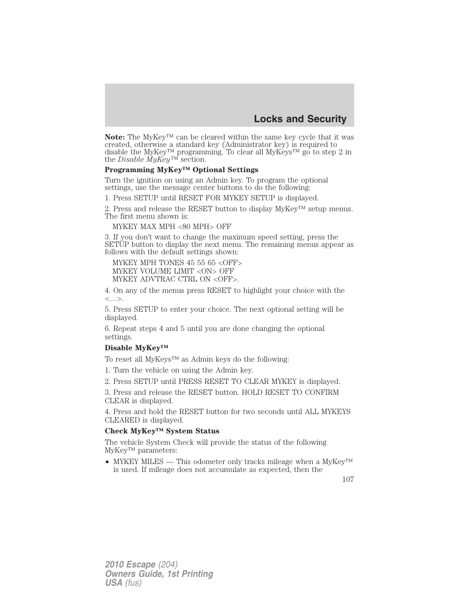 Locks and security | FORD 2010 Escape v.1 User Manual | Page 107 / 345