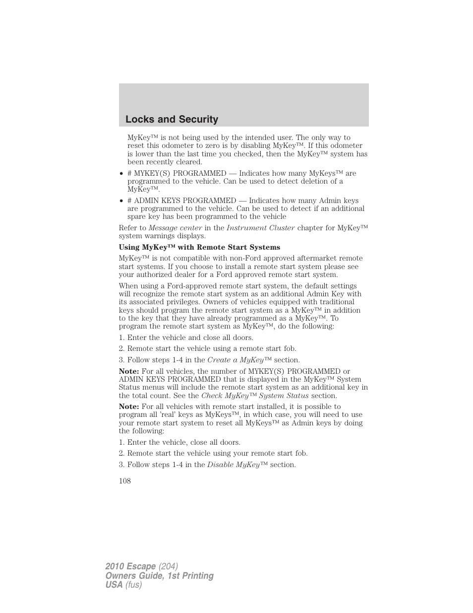 Locks and security | FORD 2010 Escape v.1 User Manual | Page 108 / 345