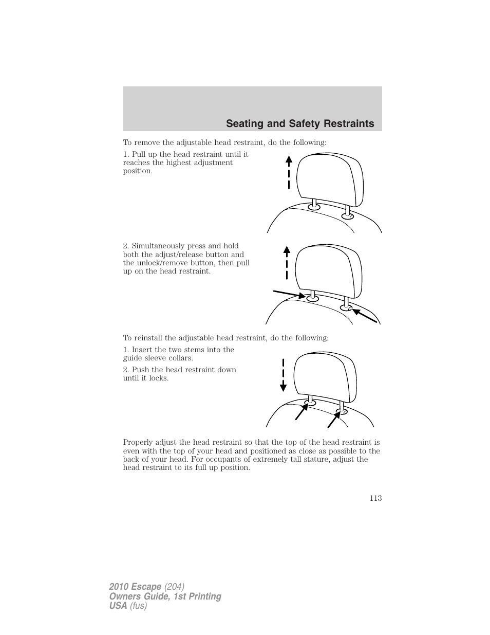 Seating and safety restraints | FORD 2010 Escape v.1 User Manual | Page 113 / 345