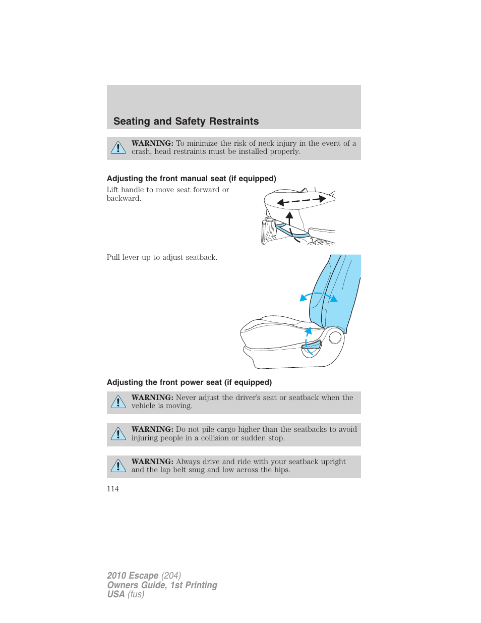 Adjusting the front manual seat (if equipped), Adjusting the front power seat (if equipped), Seating and safety restraints | FORD 2010 Escape v.1 User Manual | Page 114 / 345