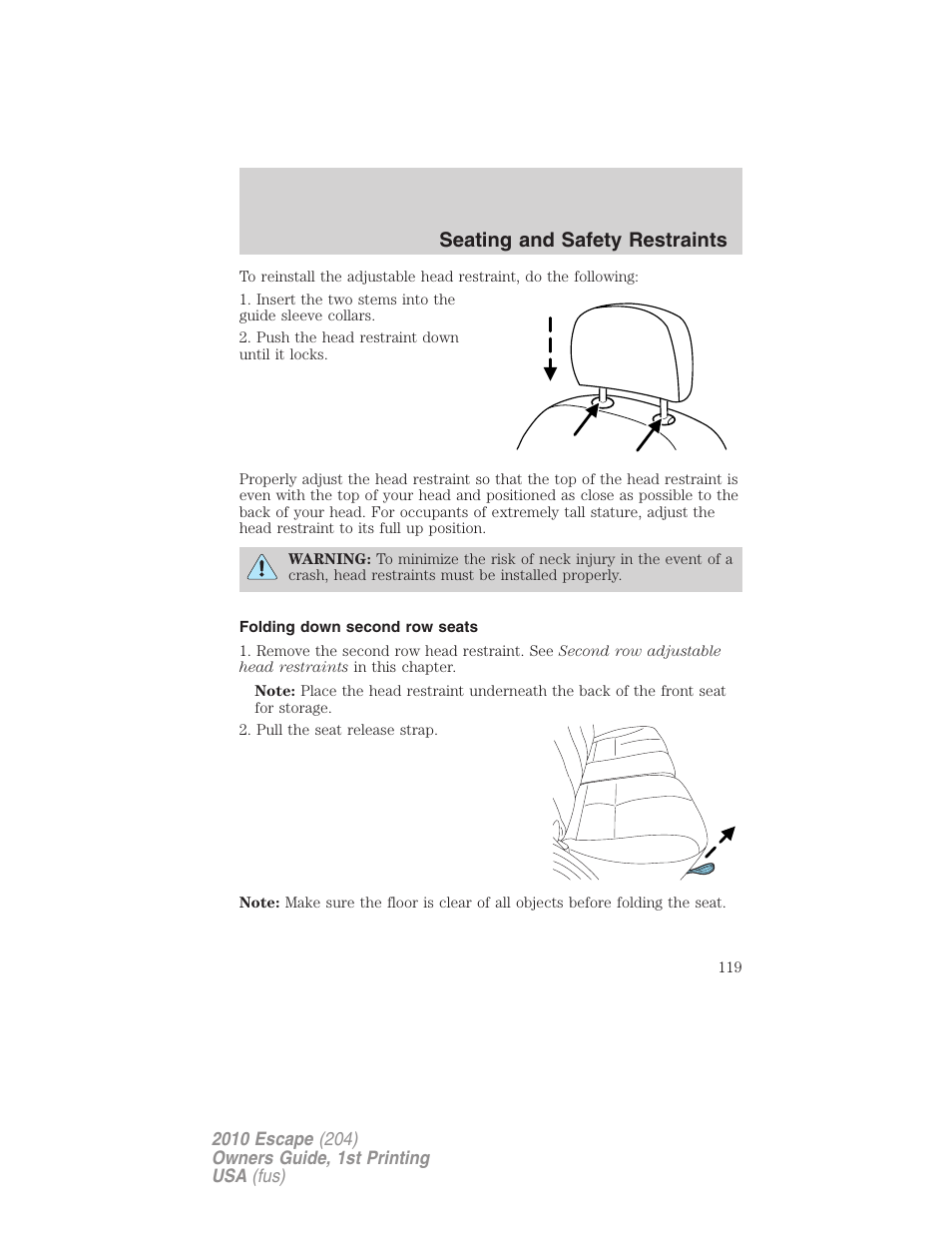 Folding down second row seats, Seating and safety restraints | FORD 2010 Escape v.1 User Manual | Page 119 / 345