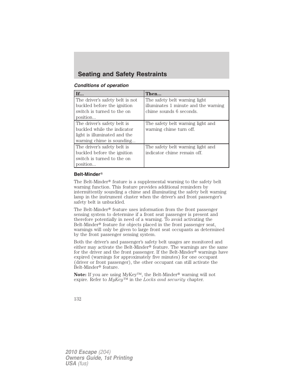 Conditions of operation, Belt-minder, Seating and safety restraints | FORD 2010 Escape v.1 User Manual | Page 132 / 345