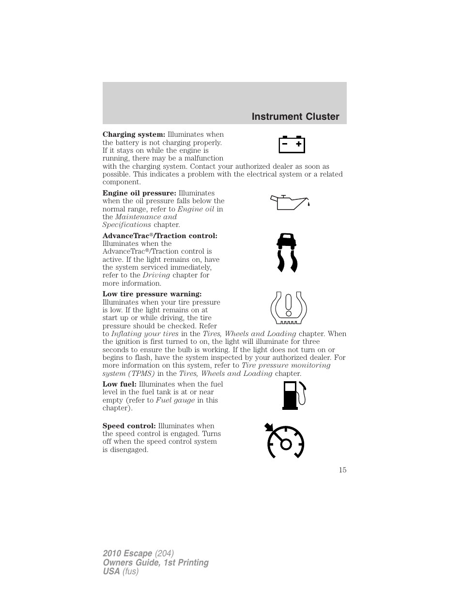 Instrument cluster | FORD 2010 Escape v.1 User Manual | Page 15 / 345