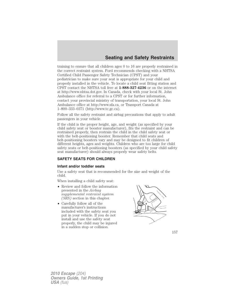 Safety seats for children, Infant and/or toddler seats, Seating and safety restraints | FORD 2010 Escape v.1 User Manual | Page 157 / 345