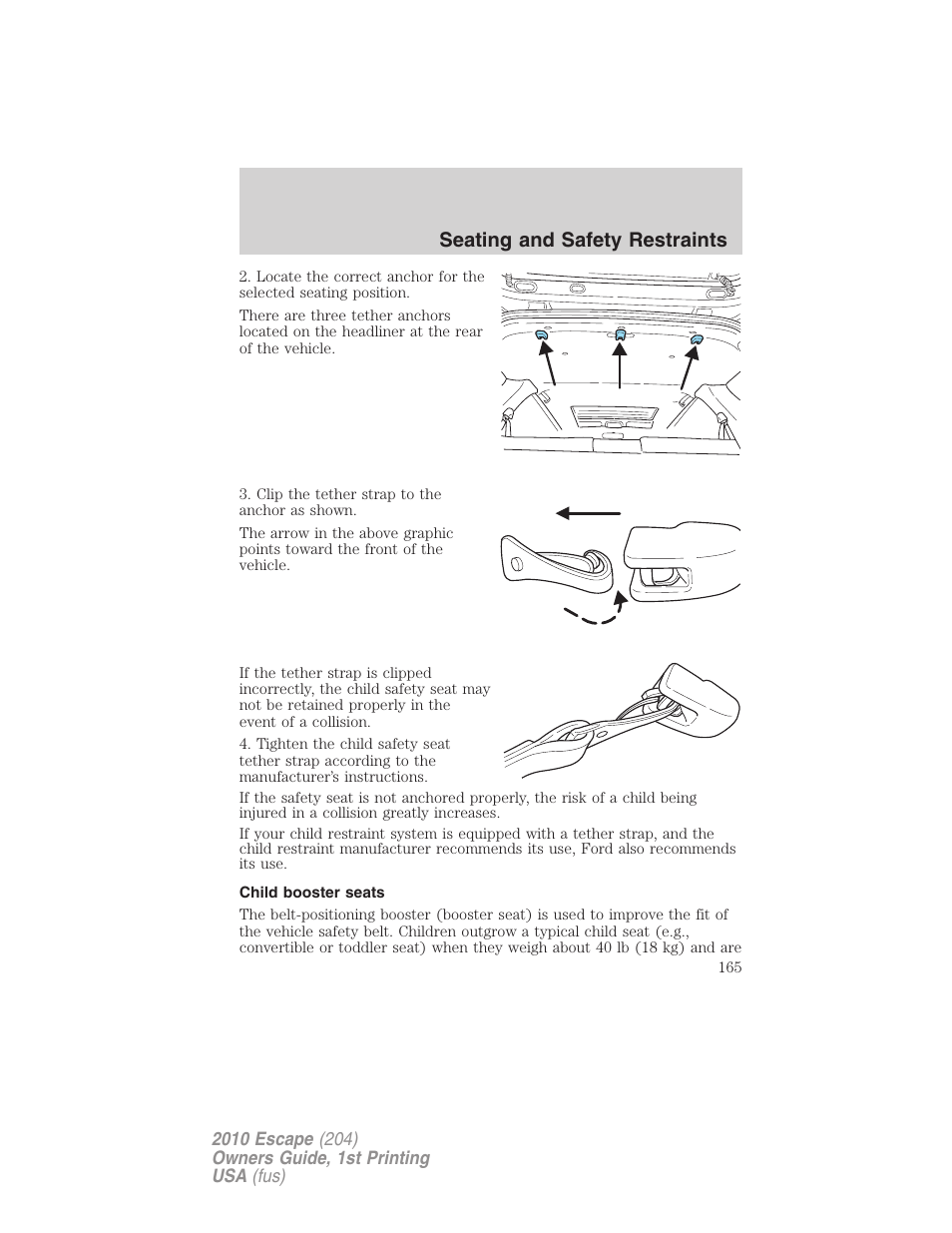 Child booster seats, Seating and safety restraints | FORD 2010 Escape v.1 User Manual | Page 165 / 345