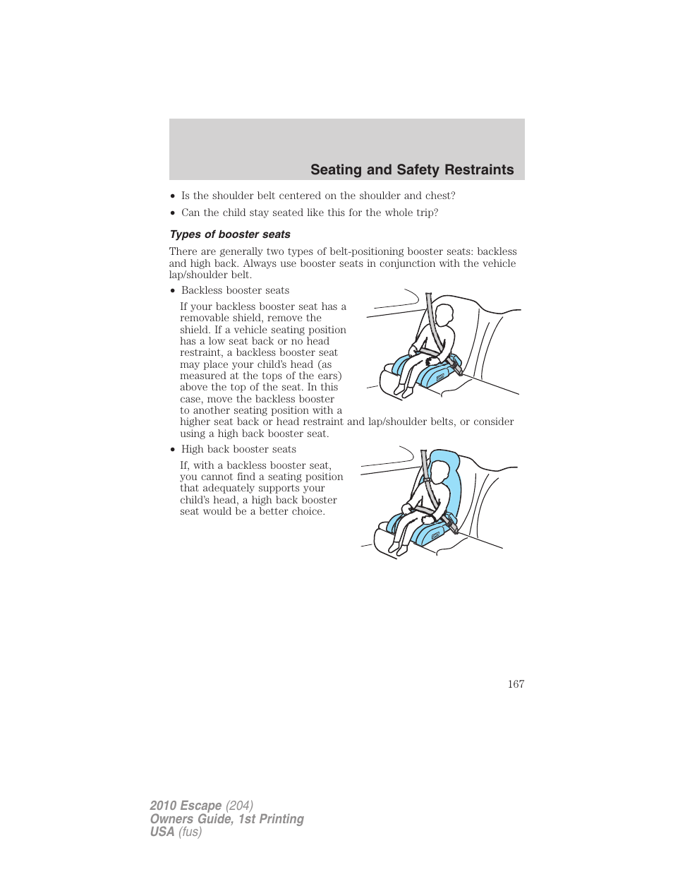 Types of booster seats, Seating and safety restraints | FORD 2010 Escape v.1 User Manual | Page 167 / 345