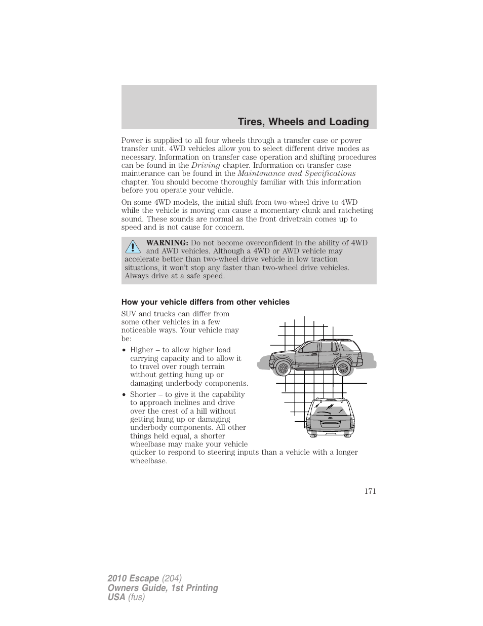 How your vehicle differs from other vehicles, Tires, wheels and loading | FORD 2010 Escape v.1 User Manual | Page 171 / 345