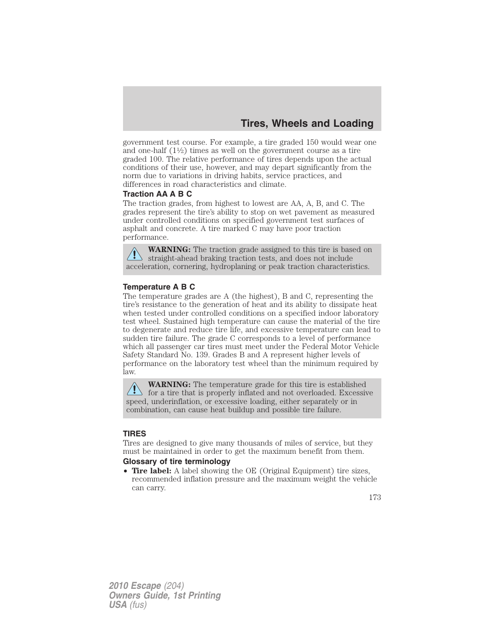 Traction aa a b c, Temperature a b c, Tires | Glossary of tire terminology, Tires, wheels and loading | FORD 2010 Escape v.1 User Manual | Page 173 / 345