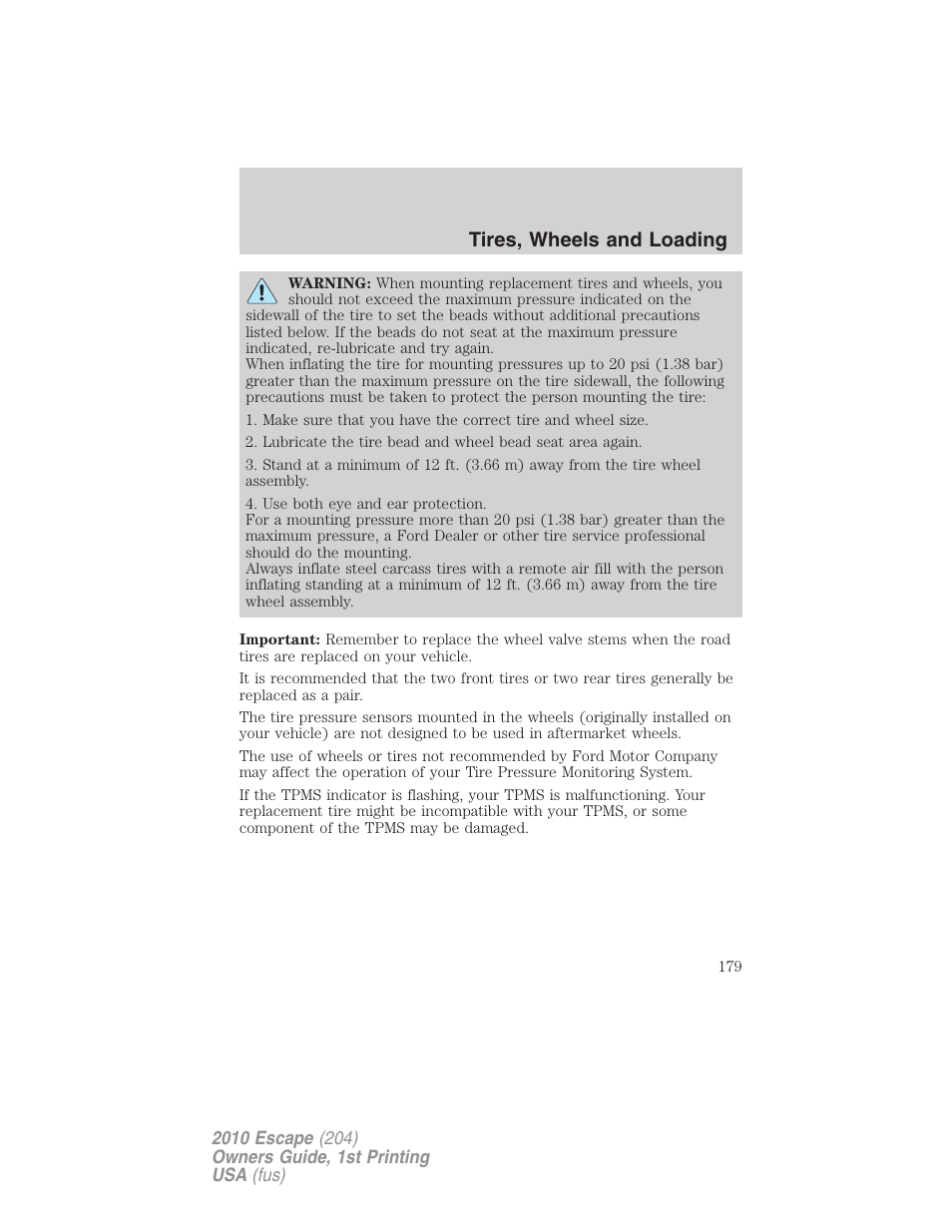 Tires, wheels and loading | FORD 2010 Escape v.1 User Manual | Page 179 / 345