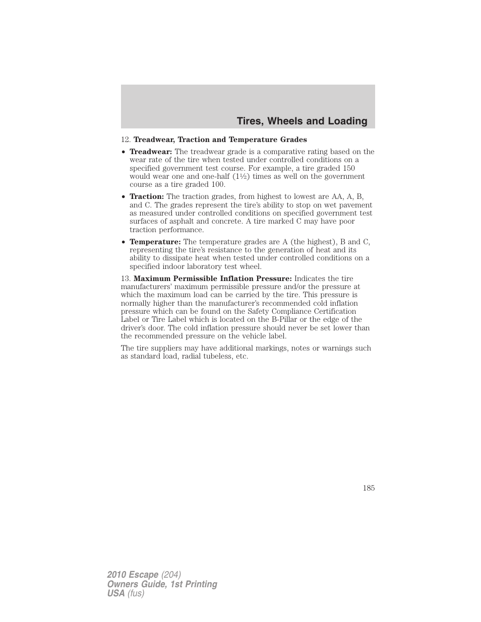 Tires, wheels and loading | FORD 2010 Escape v.1 User Manual | Page 185 / 345