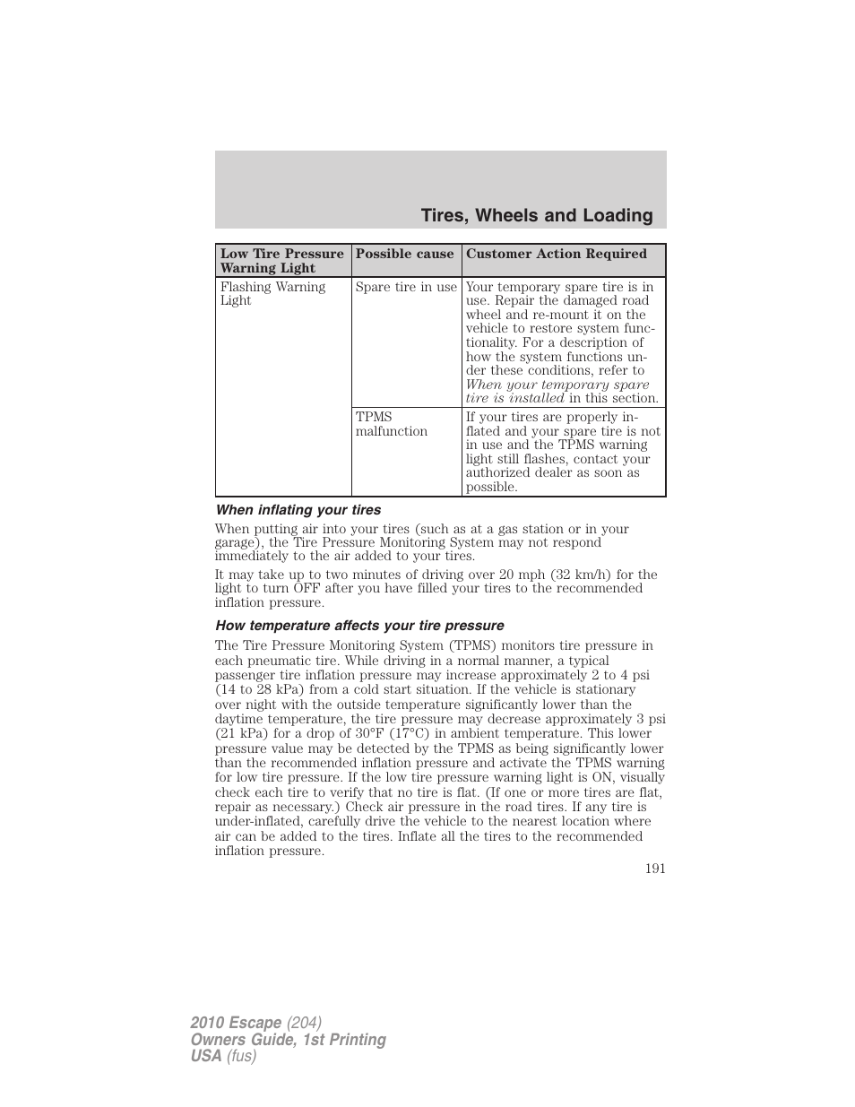 When inflating your tires, How temperature affects your tire pressure, Tires, wheels and loading | FORD 2010 Escape v.1 User Manual | Page 191 / 345