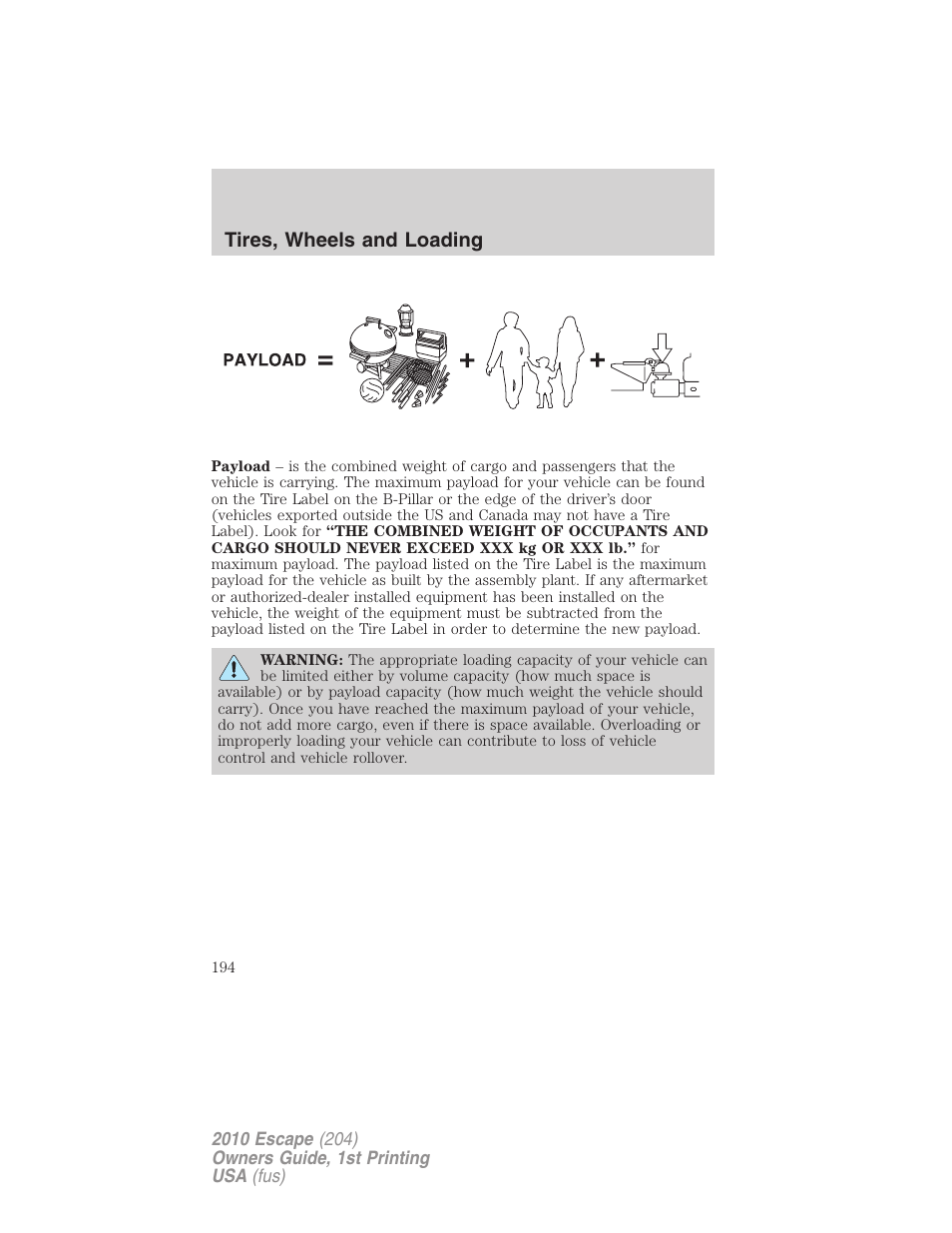 Tires, wheels and loading | FORD 2010 Escape v.1 User Manual | Page 194 / 345